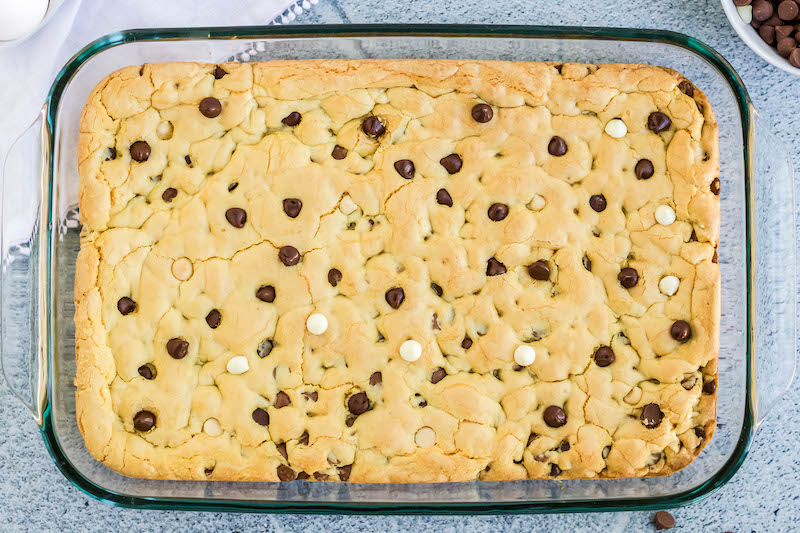 Baked cake mix cookie bars in a pan.