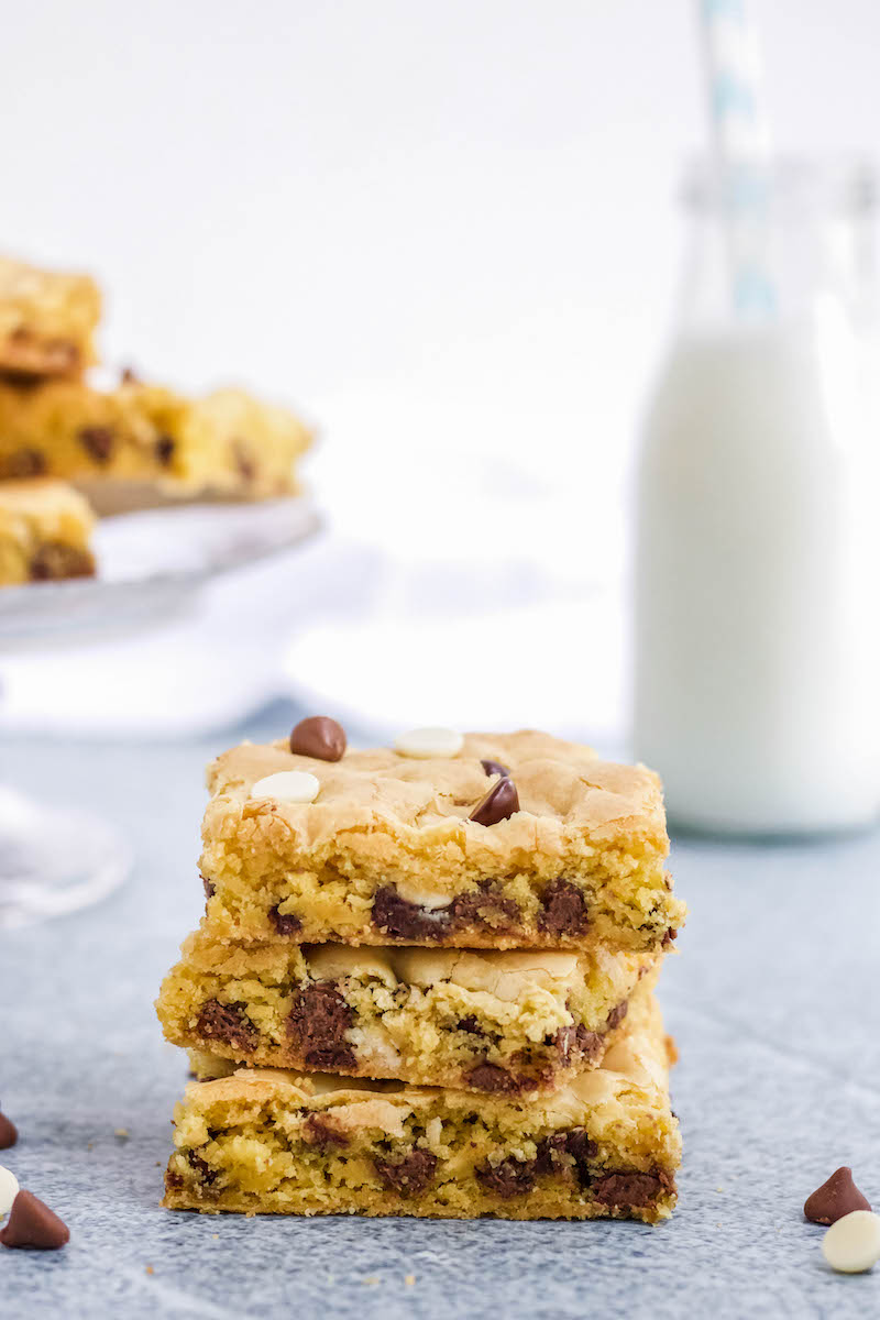 Stack of chocolate chip cake mix cookie bars.