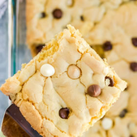 Overhead image of cake mix cookies with chocolate chips on top.