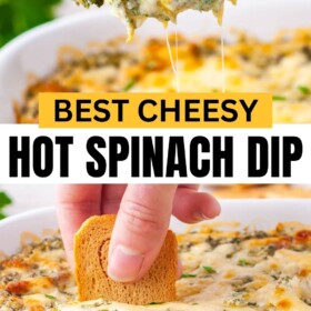 Super cheesy spinach dip served hot with crackers.