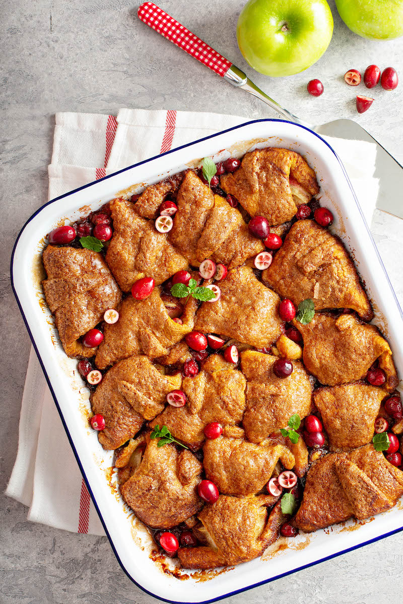 Pan of cranberry apple dumplings.