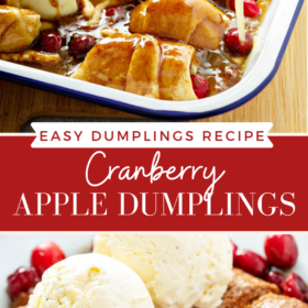 Collage image of cranberry apple dumplings with sauce being poured on top and ice cream on top of dumplings on a plate.