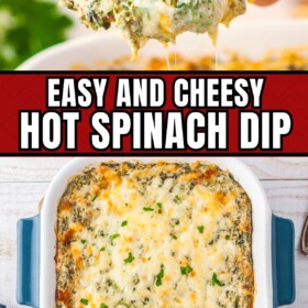 A serving dish filled with cheesy dip with a cracker and dip.