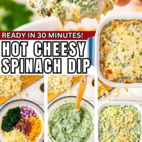 The ingredients for spinach dip recipe are being mixed in a bowl, spread in a baking dish and scooped with a cracker.