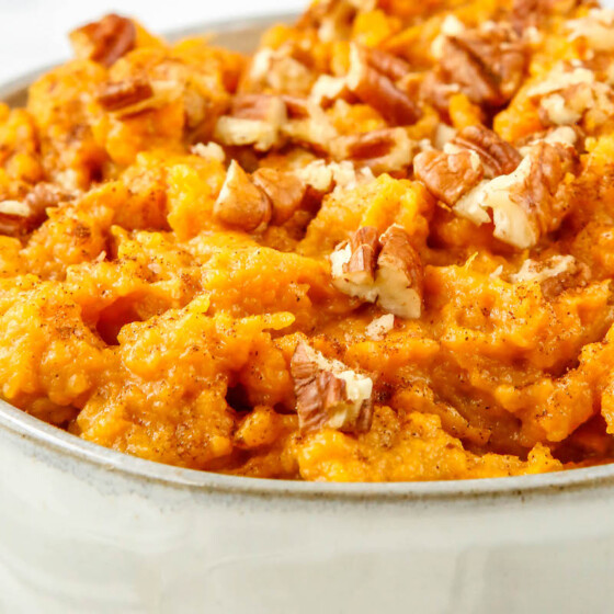 Bowl of instant pot mashed maple sweet potatoes.
