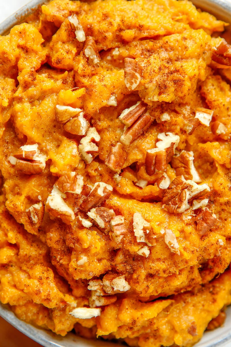 Instant pot mashed maple sweet potatoes with chopped pecans.