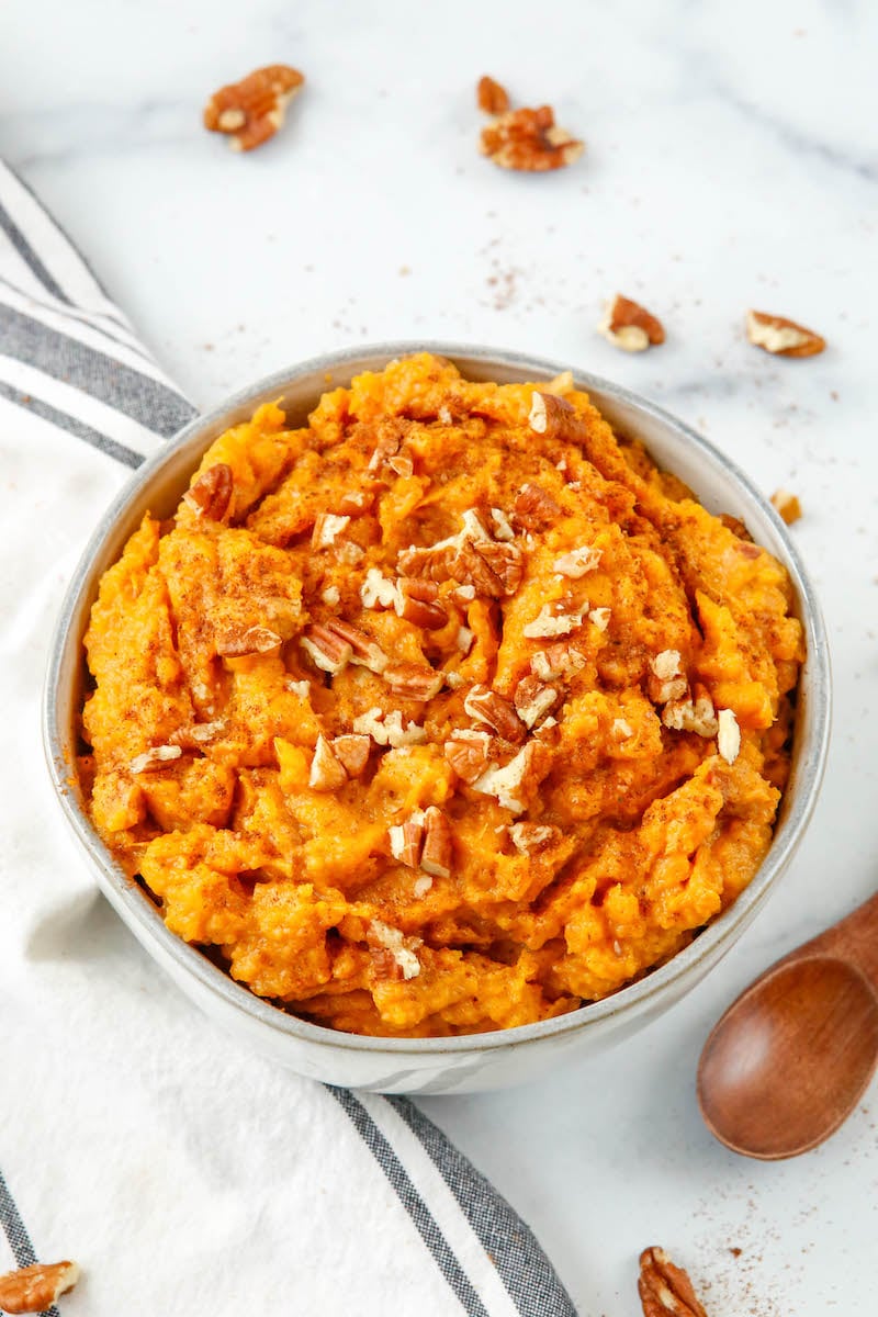 Maple mashed sweet potatoes with chopped pecans.