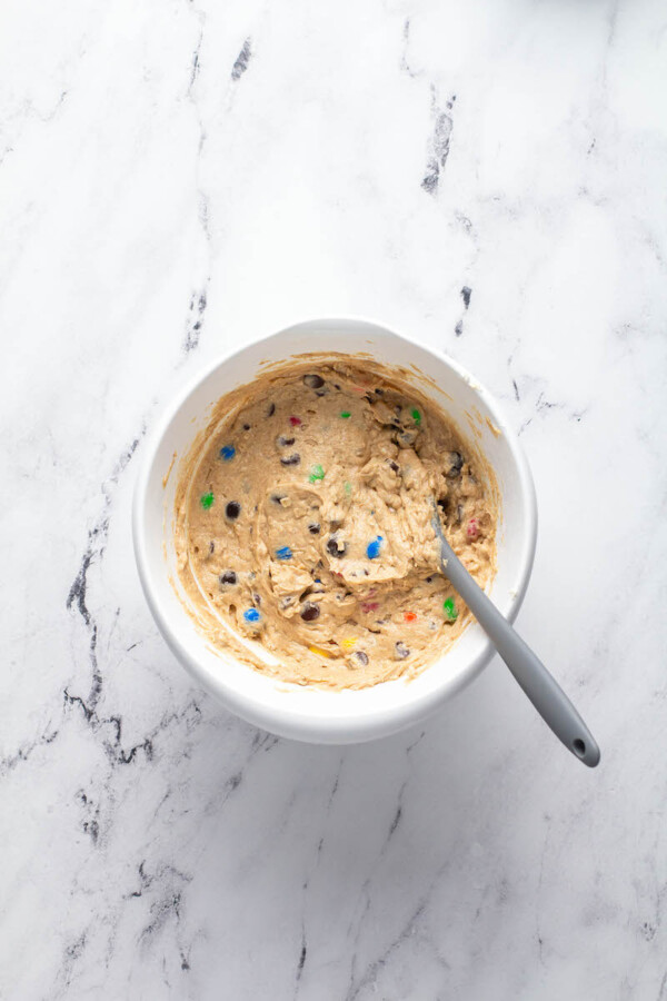 All ingredients are mixed together in a large white bowl