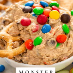 Pinterest image of monster cookie dough dip in a bowl with wording on the bottom for Pinterest