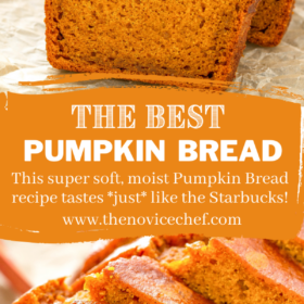 Collage image of slice of pumpkin bread and up close image of top of pumpkin bread with wording in the center