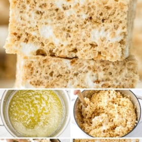 A collage shows steps of a rice krispie treats recipe: soft squares stacked, melted butter in a pot, mixing cereal with marshmallows, stirring ingredients, and spreading the mixture in a pan. Bold text reads: The Best Soft Rice Krispie Treats.