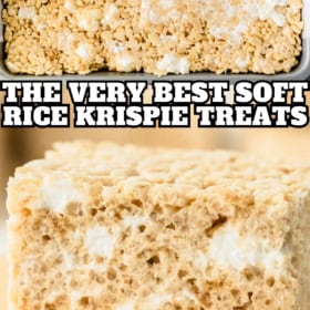 Gooey, sweet Rice Krispies treats made with mini marshmallows. Text reads: The Very Best Soft Rice Krispie Treats Recipe. The Novice Chef.