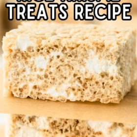 Homemade Rice Krispie treats with visible marshmallows, stacked on a cutting board. Text on image reads, The Best Soft Rice Krispie Treats Recipe. The Novice Chef.