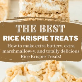 Pinterest collage image of Rice Krispie treats stacked on top of each other and torn apart.