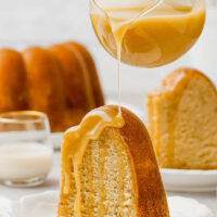 Slice of pound cake with rumchata sauce.