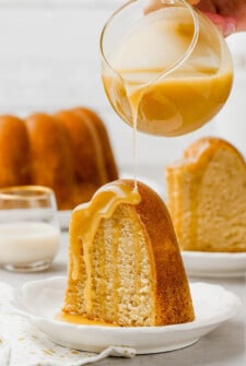 Slice of pound cake with rumchata sauce.