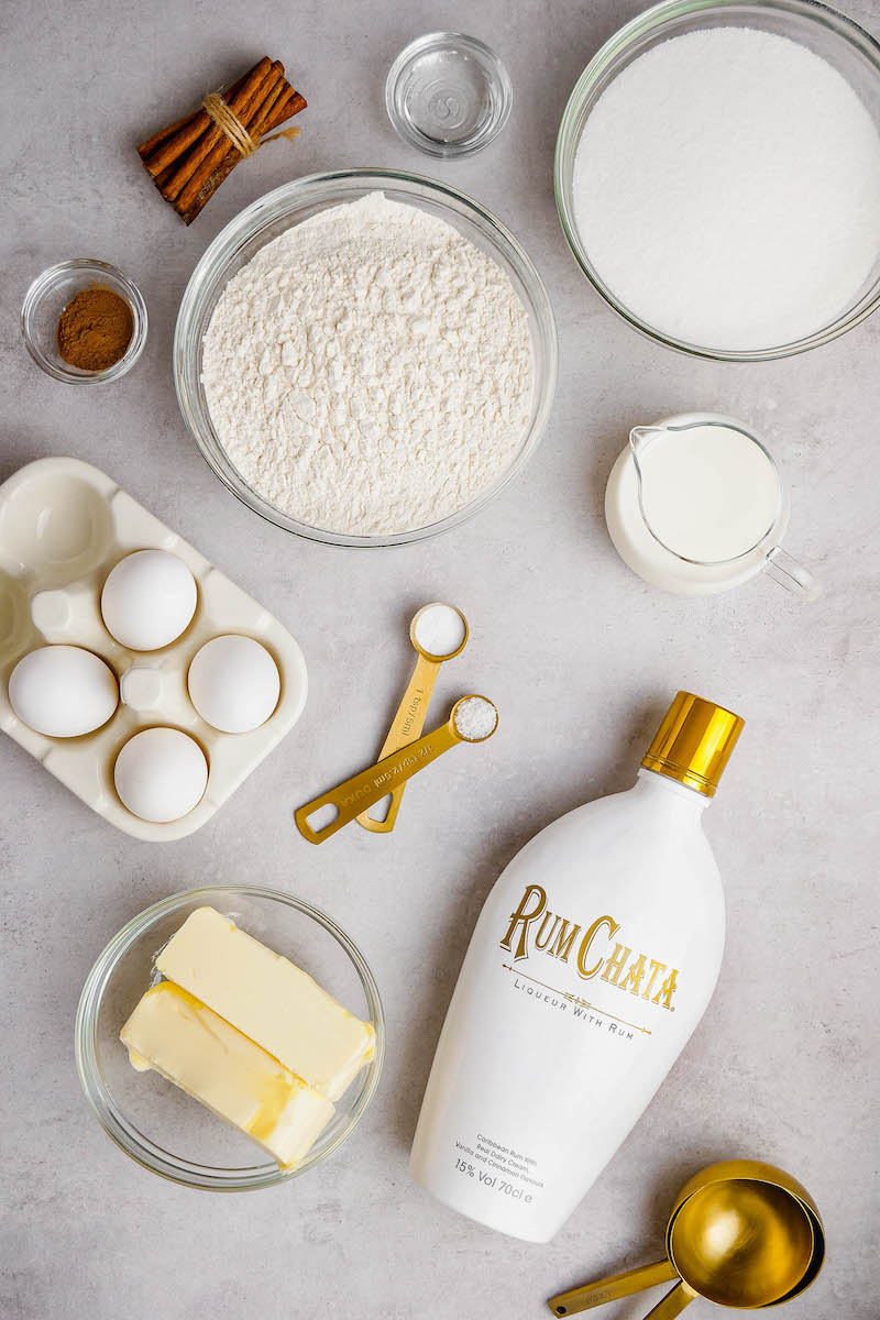 Ingredients for rumchata pound cake.