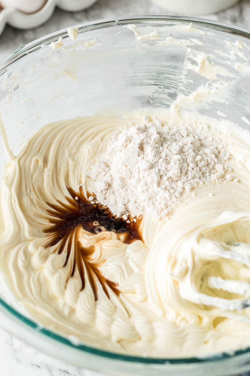 Vanilla and flour in cheesecake batter.