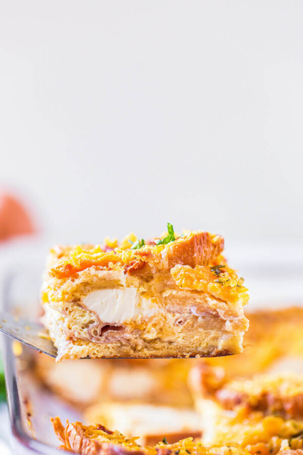 Piece of ham breakfast casserole.