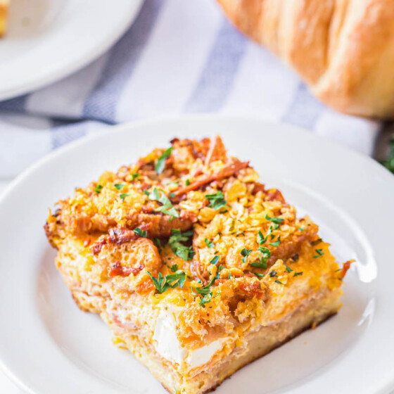 Overnight ham breakfast casserole on a plate.