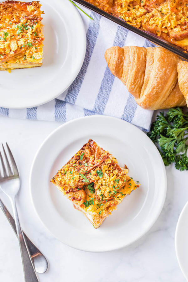 Piece of ham casserole on a plate.