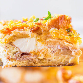 Piece of ham breakfast casserole.
