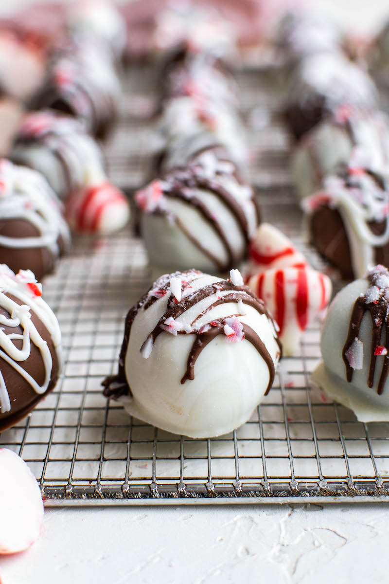 Oreo cookie ball with crushed peppermint and chocolate.