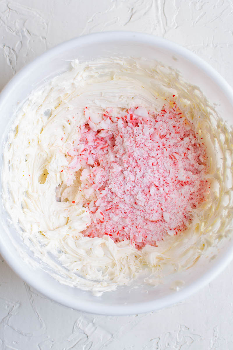 Whipped cream cheese with crushed peppermint.