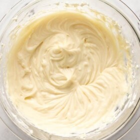 Cream cheese filling mixture in a mixing bowl