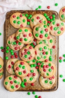 Tray of Christmas M&M cookies.
