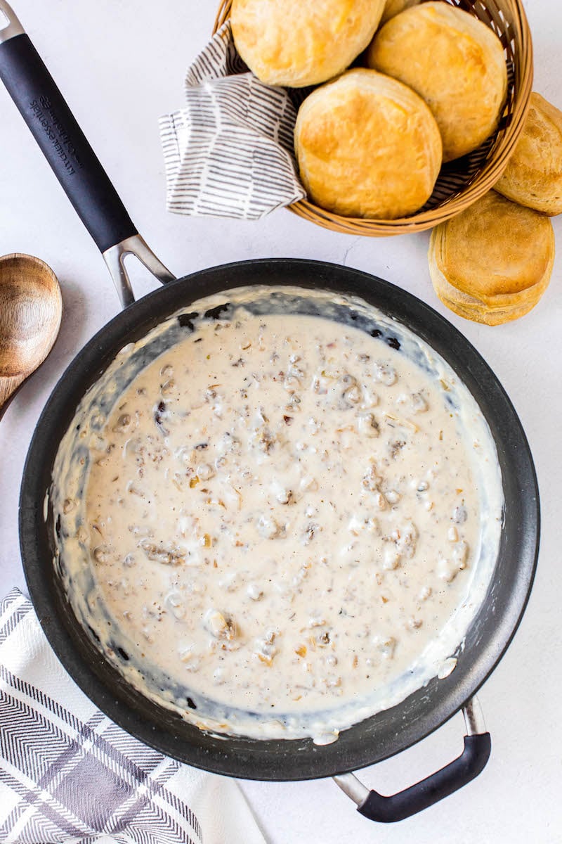 Sausage gravy in a pan.