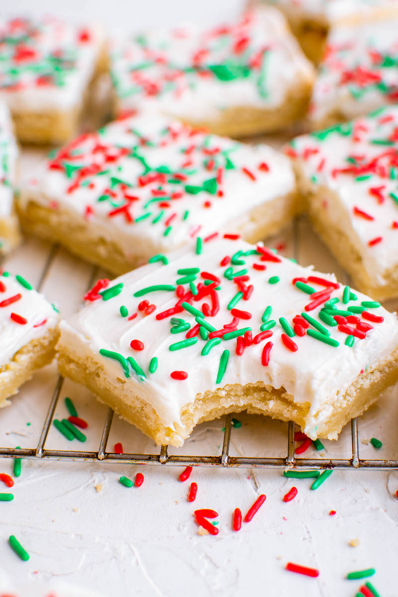 Cooling rack of sugar cookie bars.