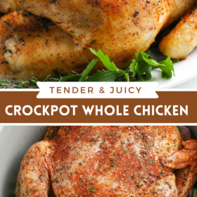 Collage image of a chicken sitting on a plate with herbs and a whole chicken cooked in a crockpot with veggies.