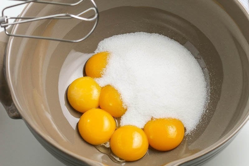 Egg yolks and sugar in a mixing bowl