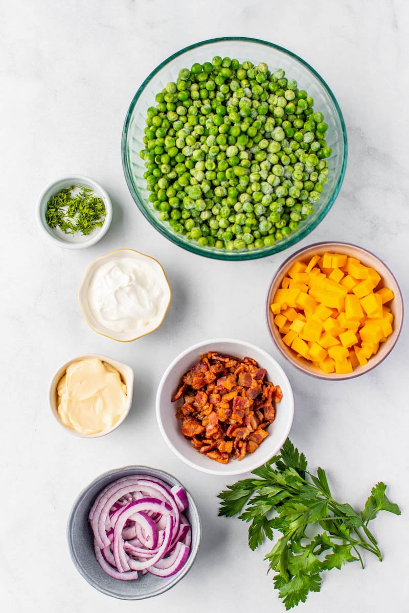 Ingredients for loaded pea salad.