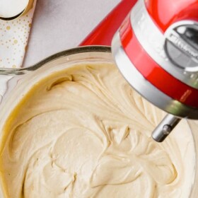Rumchata Pound Cake batter in a stand mixer bowl