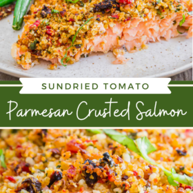 Collage image of sun-dried tomato parmesan crusted salmon on a plate and up close image of cooked salmon.