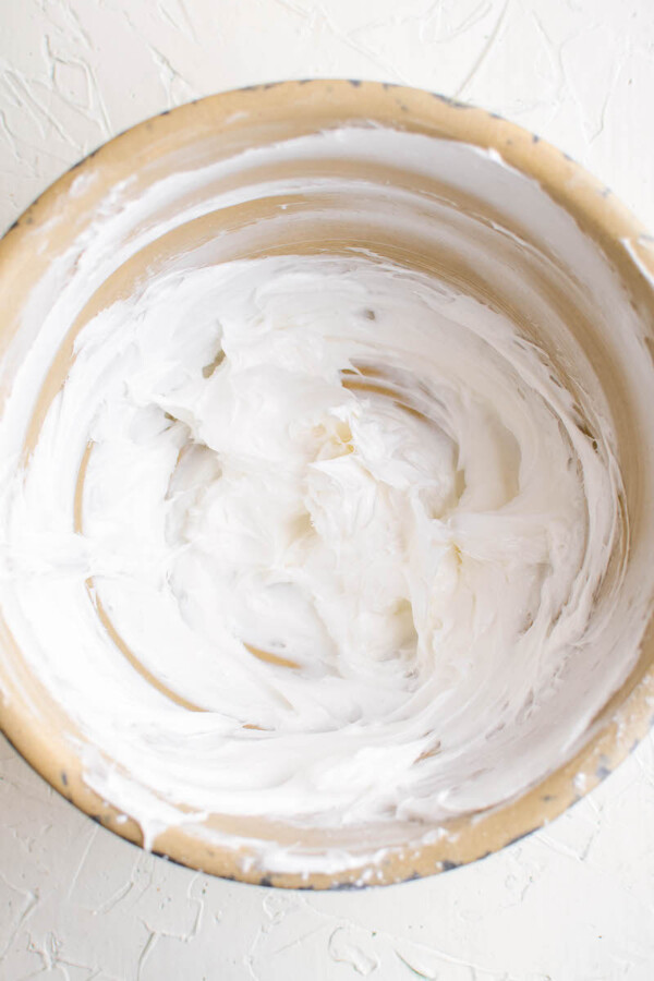 Whipped lard in a mixing bowl.