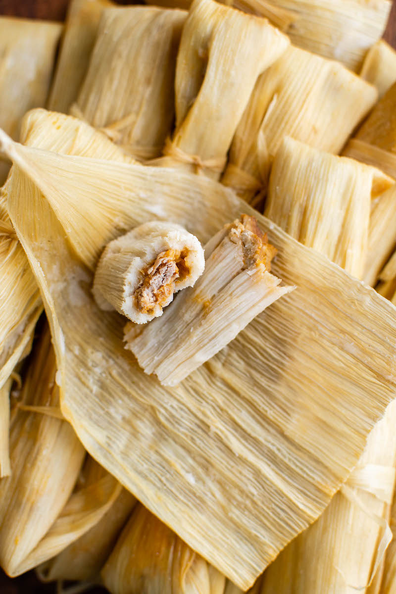 Untied tamale with shredded pork.