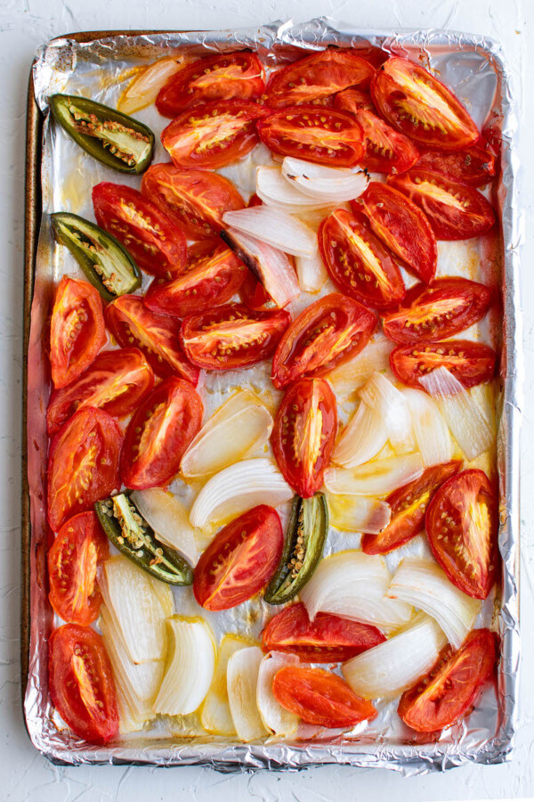 Roasted vegetables on a pan.
