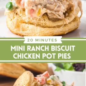 Collage image of pot pie filing inside a buttermilk biscuit with a second image of a buttermilk biscuit on a plate cut in half stuffed with filling.
