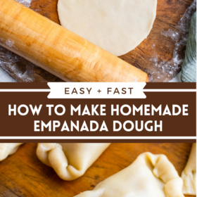 Collage image of empanada dough rolled into a disk and an uncooked formed empanada.