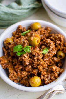 Bowl of Mexican beef picadillo.