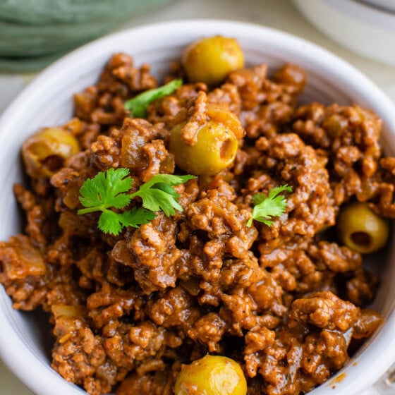 Bowl of Mexican beef picadillo.