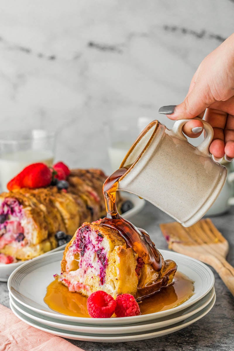 Syrup poured on stuffed french toast.