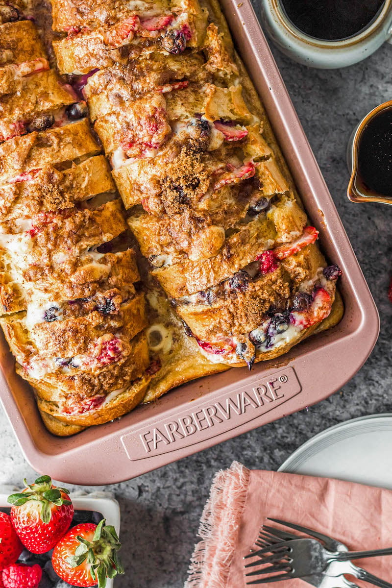 Baked french toast in a pan.