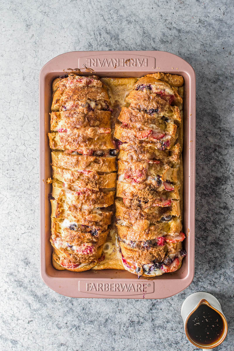 Baked stuffed french bread in a pan.