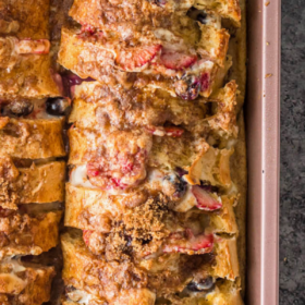 Overhead image of Stuffed French toast in a baking pan after baking.