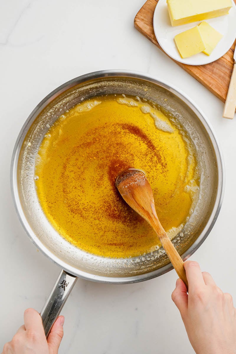 Browned butter in a pan.