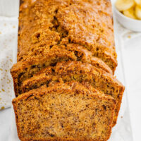 Sliced loaf of banana bread.